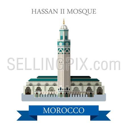 Hassan II Mosque in Morocco. Flat cartoon style historic sight showplace attraction web site vector illustration. World countries cities vacation travel sightseeing Africa collection.