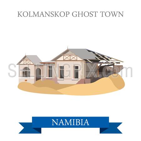 Kolmanskop Ghost Town in Namibia. Flat cartoon style historic sight showplace attraction web site vector illustration. World countries cities vacation travel sightseeing Africa collection.