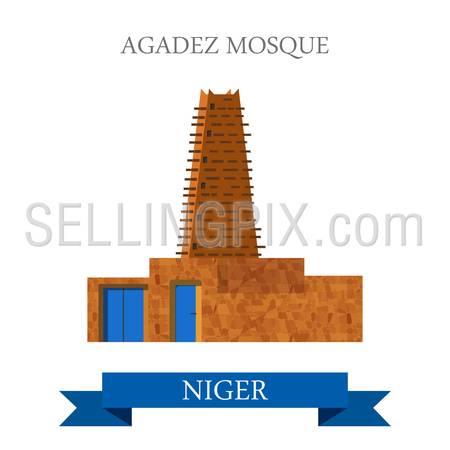 Agadez Mosque in Niger. Flat cartoon style historic sight showplace attraction web site vector illustration. World countries cities vacation travel sightseeing Africa collection.