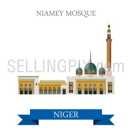 Niamey Mosque in Niger. Flat cartoon style historic sight showplace attraction web site vector illustration. World countries cities vacation travel sightseeing Africa collection.