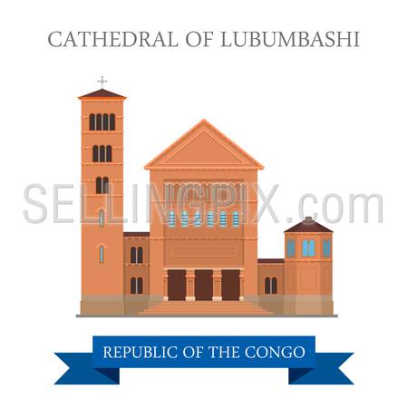 Cathedral of Lubumbashi in Republic of the Congo. Flat cartoon style historic sight showplace attraction web site vector illustration. World countries cities vacation travel sightseeing collection.