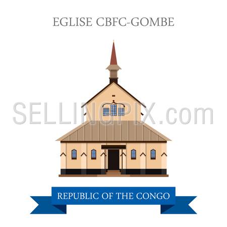 Eglise CBFC-Gombe in Kinshasa in Republic of the Congo. Flat cartoon style historic sight showplace attraction web site vector illustration. World countries vacation travel sightseeing collection