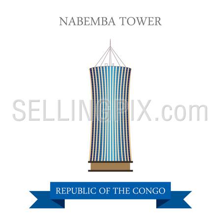 Nabemba Tower in Brazzaville in Republic of the Congo. Flat cartoon style historic sight showplace attraction web site vector illustration. World countries vacation travel sightseeing  collection.