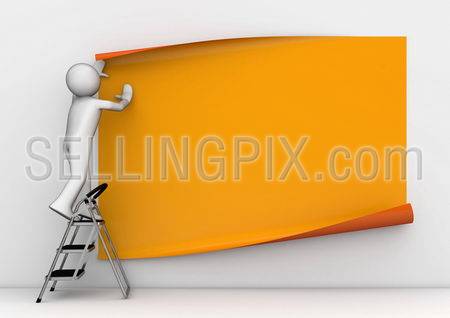 Sticking blank orange poster (3d characters isolated on white background series)