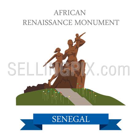 African Renaissance Monument in Dakar in Senegal. Flat cartoon style historic sight showplace attraction web site vector illustration. World cities vacation travel sightseeing Africa collection.