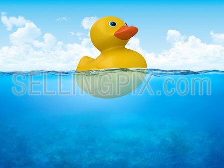 Yellow duck in open sea (3d characters isolated on white background series)