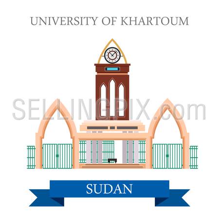 University of Khartoum in Sudan. Flat cartoon style historic sight showplace attraction web site vector illustration. World countries cities vacation travel sightseeing Africa collection.