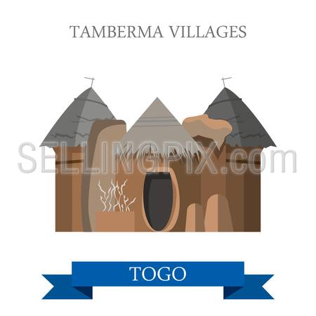 Tamberma Villages in Togo. Flat cartoon style historic sight showplace attraction web site vector illustration. World countries cities vacation travel sightseeing Africa collection.