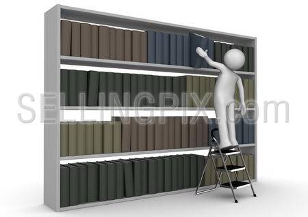Man on stepladder takes book from bookcase (3d characters isolated on white background series)