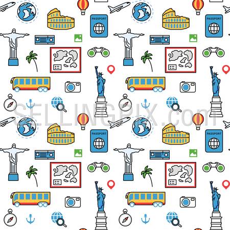 World famous places sightseeing pattern seamless background flat linear line-art vector texture abstract. Travel vacation shop paper wrapping Liberty Statue Christ Redeemer. Patterns collection.