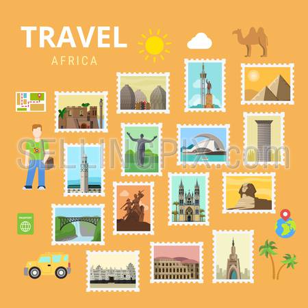 Travel Africa Egypt Pyramid Sphinx map collage. Picture gallery vector template flat style. Tourism sightseeing POI landmark world famous places. Vacation city country collection.