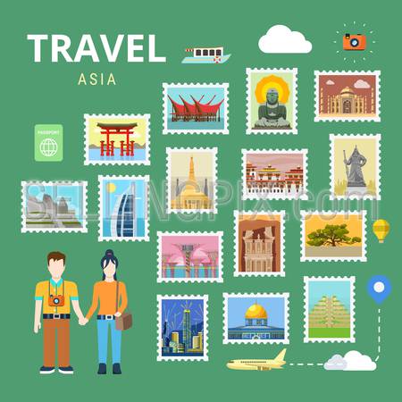 Travel Asia China Japan Thailand India. Picture gallery vector template flat style. Tourism sightseeing POI landmark world famous places. Vacation city country collection.