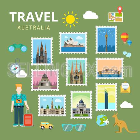 Travel Australia New Zealand. Picture gallery vector template flat style. Tourism sightseeing POI landmark world famous places. Vacation city country collection.
