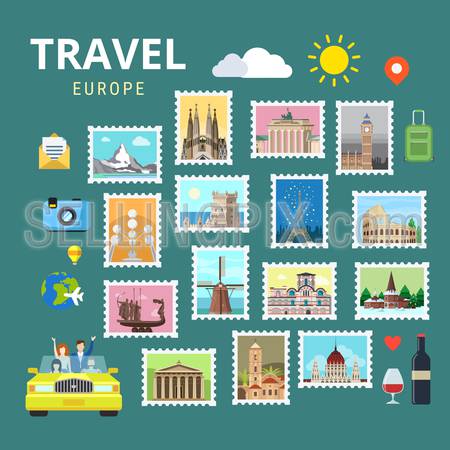 Travel Europe England Italy France Austria Switzerland Ukraine. Picture gallery vector template flat style. Tourism sightseeing POI landmark world famous places. Vacation city country collection.