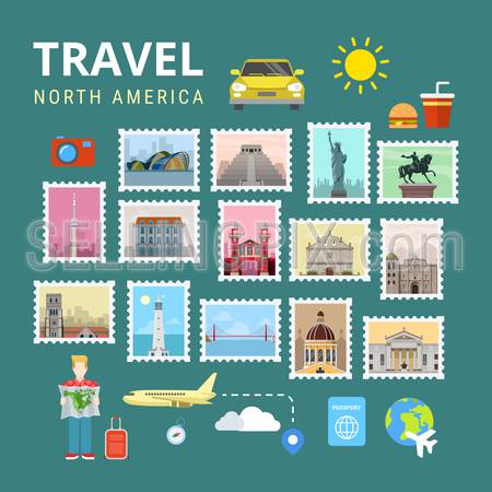 Travel South America Latin American Maya Brazil. Picture gallery vector template flat style. Tourism sightseeing POI landmark world famous places. Vacation city country collection.