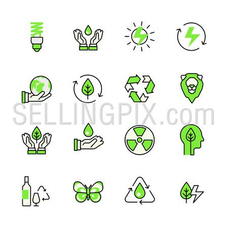 Alternative source energy green planet nature circulation recycling lineart flat vector icon set. Web site interface elements color line art mobile app aplication objects. Line-art icons collection.