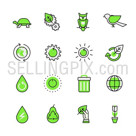 Green planet nature ecology circulation links animal birds lineart flat vector icon set. Web site interface elements color line art mobile app aplication objects. Line-art icons collection.