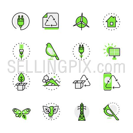 Green planet nature ecology circulation alternative source energy lineart flat vector icon set. Web site interface elements color line art mobile app aplication objects. Line-art icons collection.