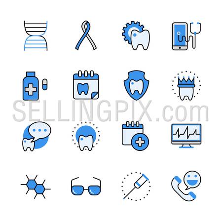 Health care medical dental help tooth lineart flat vector icon set. Web site interface elements color line art mobile app aplication objects. Line-art icons collection.
