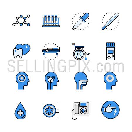 Health care medical help professional instrument science equipment lineart flat vector icon set. Web site interface elements color line art mobile app aplication objects. Line-art icons collection.