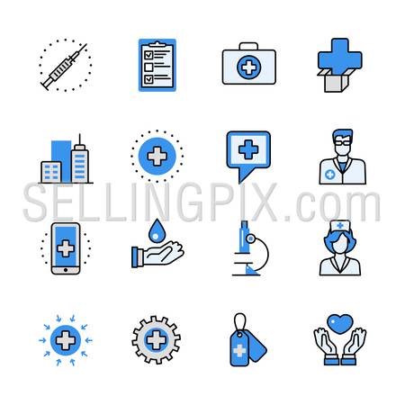 Health care medical help emergency ambulance doctor lineart flat vector icon set. Web site interface elements color line art mobile app aplication objects. Line-art icons collection.
