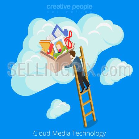 Cloud media technology concept design. Accumulation Business information conceptual web site vector illustration. Man climbing stairs storage of memories fun happy music photo notes on blue background