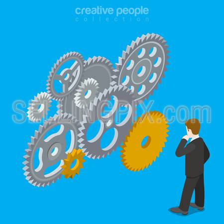 People brain gear vector concept. Man mind wheel thinking creative design illustration. Person think idea gears mechanism work business conception on blue background.