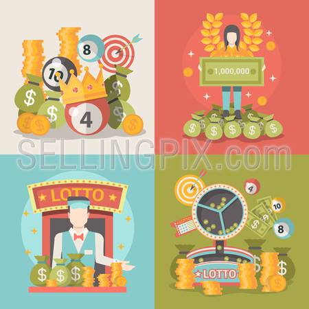 Lucky life concept vector illustration set. People success web site banner image. Fortune money bag rich woman. Lotto croupier man coins dollars wreath lotto ball infographics on color background.