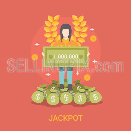 Lucky life concept vector illustration. Flat style Jackpot success web site banner image. Fortune money bag rich woman. Lotto coins dollars wreath lotto on red background.