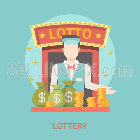 Lucky life concept vector illustration. Flat style lottery success web site banner image. Fortune money bag rich. Lotto croupier man coins dollars lotto on blue background.
