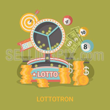 Lucky life concept vector illustration. Flat style Lottotron success web site banner image. Fortune money rich. Lotto coins dollars ball on green background.