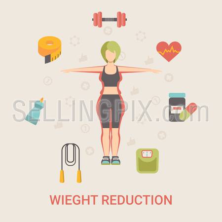 Healthy life concept vector illustration set. People sports health farm fresh food web site banner image. Woman weight reduction Infographics on color background.