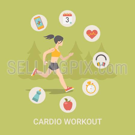 Healthy life concept vector illustration set. People sports health farm fresh food web site banner image. Woman workout Infographics on green spruce background.