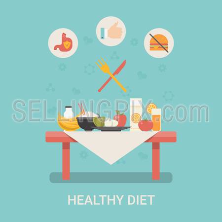 Healthy life concept vector illustration set. People sports health farm fresh food web site banner image. Diet Table Fruit dairy Infographics on blue background.