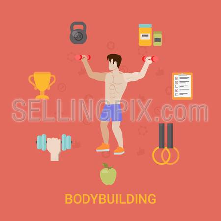 Healthy life concept vector illustration set. Man bodybuilding sports health farm fresh food web site banner image. Bodybuilder cup dumbbell apple Infographics.
