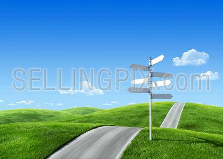 Nature collection – Road across the meadow with roadsign