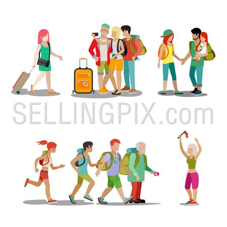 Family vacation people icon set. Man woman children parents fun joy outdoor activity beach play holiday web site vector illustration. Travel tourism active lifestyle creative people collection.