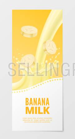 Sweet fruit milk vertical realistic banner 3d vector illustration. Business flyer with banana splash milk isolated on white background.