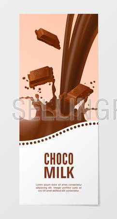 Sweet chocolate milk vertical realistic banner 3d vector illustration. Business flyer with choco splash milk isolated on white background.