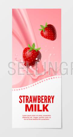 Sweet fruit milk vertical realistic banner 3d vector illustration. Business flyer with strawberry splash milk isolated on white background.