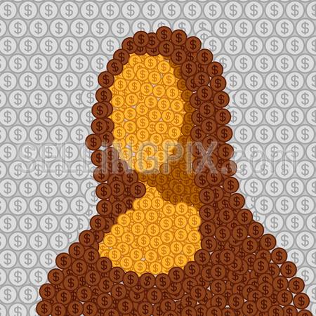 Mona Lisa abstract vector illustration. Faceless famous Leonadro da Vinci flat style portrait creative version arranged from coins on coin background.