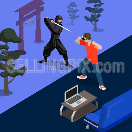 Cartoon ninja fight game screen shot concept vector illustration. Isometric 3d flat style playing video game screenshot. Man Fighting with Samurai by hands. Sofa laptop carpet room nature background.
