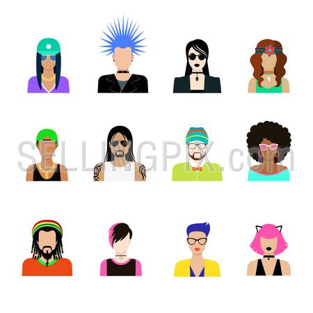 Subculture hair style concept vector icon set. Man and woman representatives of life styles illustration. Punk goth rock emo hipster rapper tattooed in glances hat dreadlocks headband thorns hairstyle