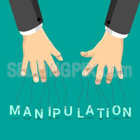 Manipulation marionette concept vector illustration. Businessman hands with rope on fingers manipulate letters on emerald background. Puppet letter show.
