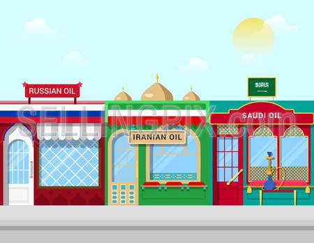 Start of Iran Iranian oil on world market. Oil shops cartoon concept vector illustration. Abstract flag Russian Saudi store front showcase