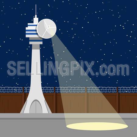 TV television mass media influence social consciousness awareness in Russia Russian Federation. Top secret isolated zone prison lantern blue starry sky background. Antenna lamp tower fence barbed wire