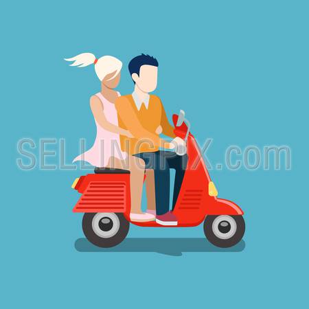 People riding moped vector creative flat design illustration. Young man in suit tie and woman in dress drive red scooter side view on blue background. Stolen girl.