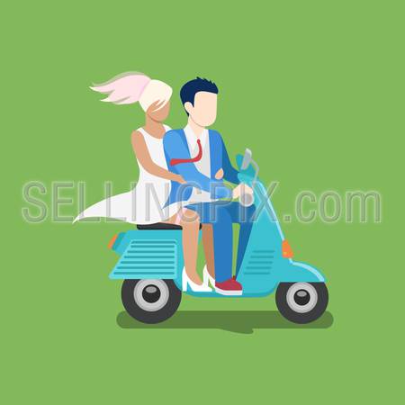 People riding moped vector creative flat design illustration. Man in suit tie and woman in dress drive scooter side view on green background. Stolen bride.