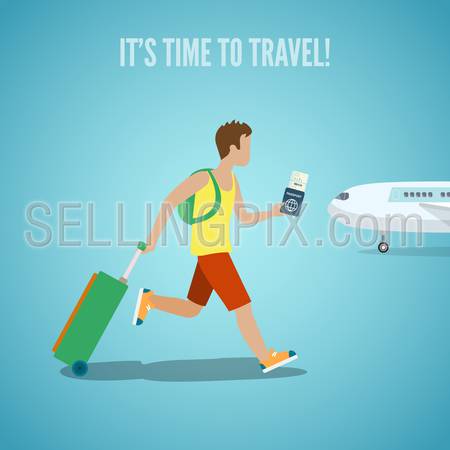 Time to travel agency web site flyer brochure vacation tourism vector illustration. Man with ticket in hand backpack and suitcase baggage running on plane. People visit countries cities landmarks.