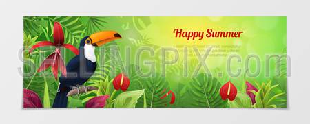 Happy summer time tourism template. Time to travel vacation agency web site flyer brochure vector illustration. Nature Bird parrot toucan plant flower color background.